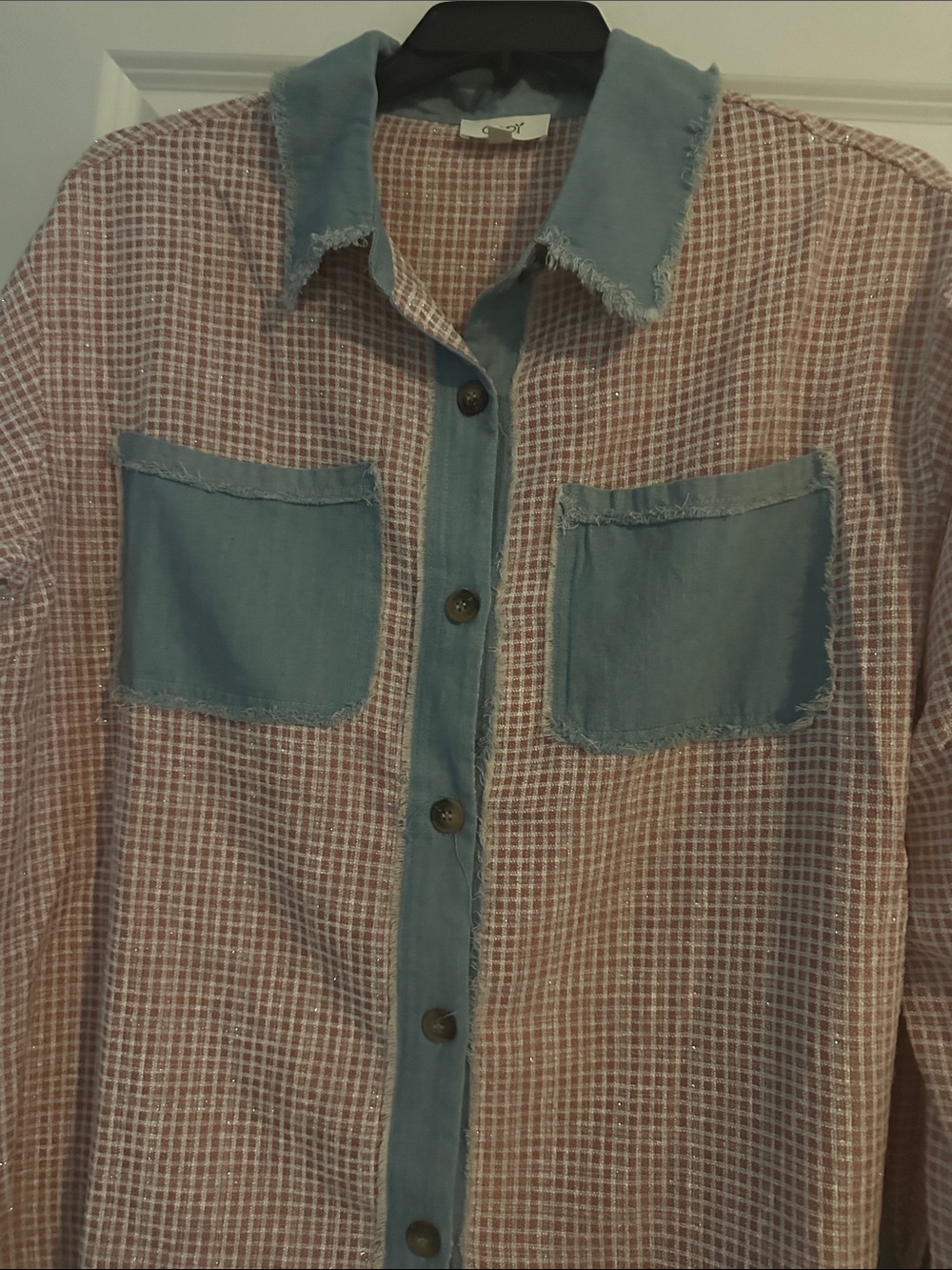 Women's Pink Check Button-Down Shirt with Blue Contrast Trim